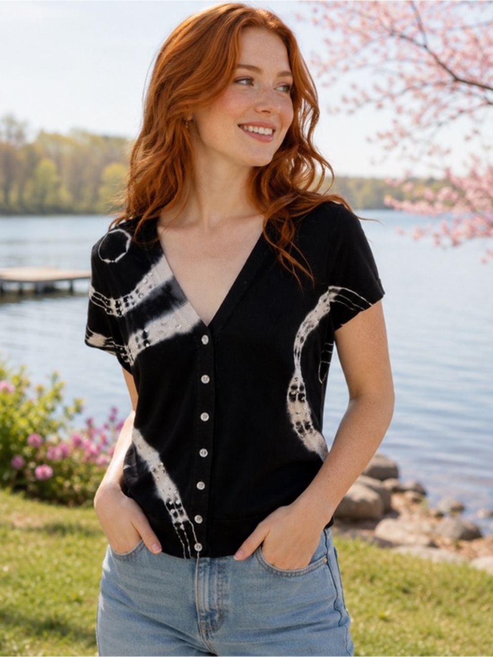 INC International Concepts Black and White tie-dye, short sleeve V-Neck Cardigan